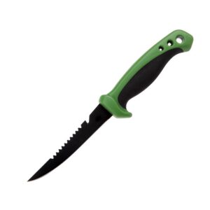 Cuchillo de pesca de 5 pulgadas con dientes traseros de acero inoxidable y funda para pesca al aire libre.