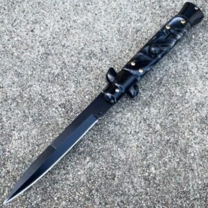 8.75 Inch Italian Stiletto Switchblade Knife – Black Pearl Handle