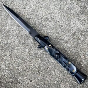 8.75 Inch Italian Stiletto Switchblade Knife – Black Pearl Handle
