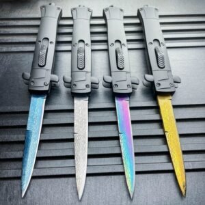9 Inch Italian Stiletto OTF Automatic Knife – Damascus Etch