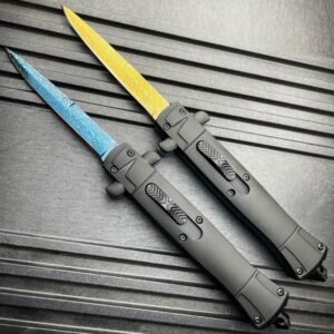 9 Inch Italian Stiletto OTF Automatic Knife – Damascus Etch