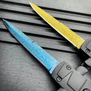 9 Inch Italian Stiletto OTF Automatic Knife – Damascus Etch