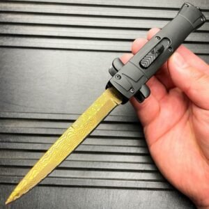 9 Inch Italian Stiletto OTF Automatic Knife – Damascus Etch