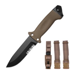 Outdoor Hunting Knife with Serrated Edge – Survival Fixed Blade (Brown)